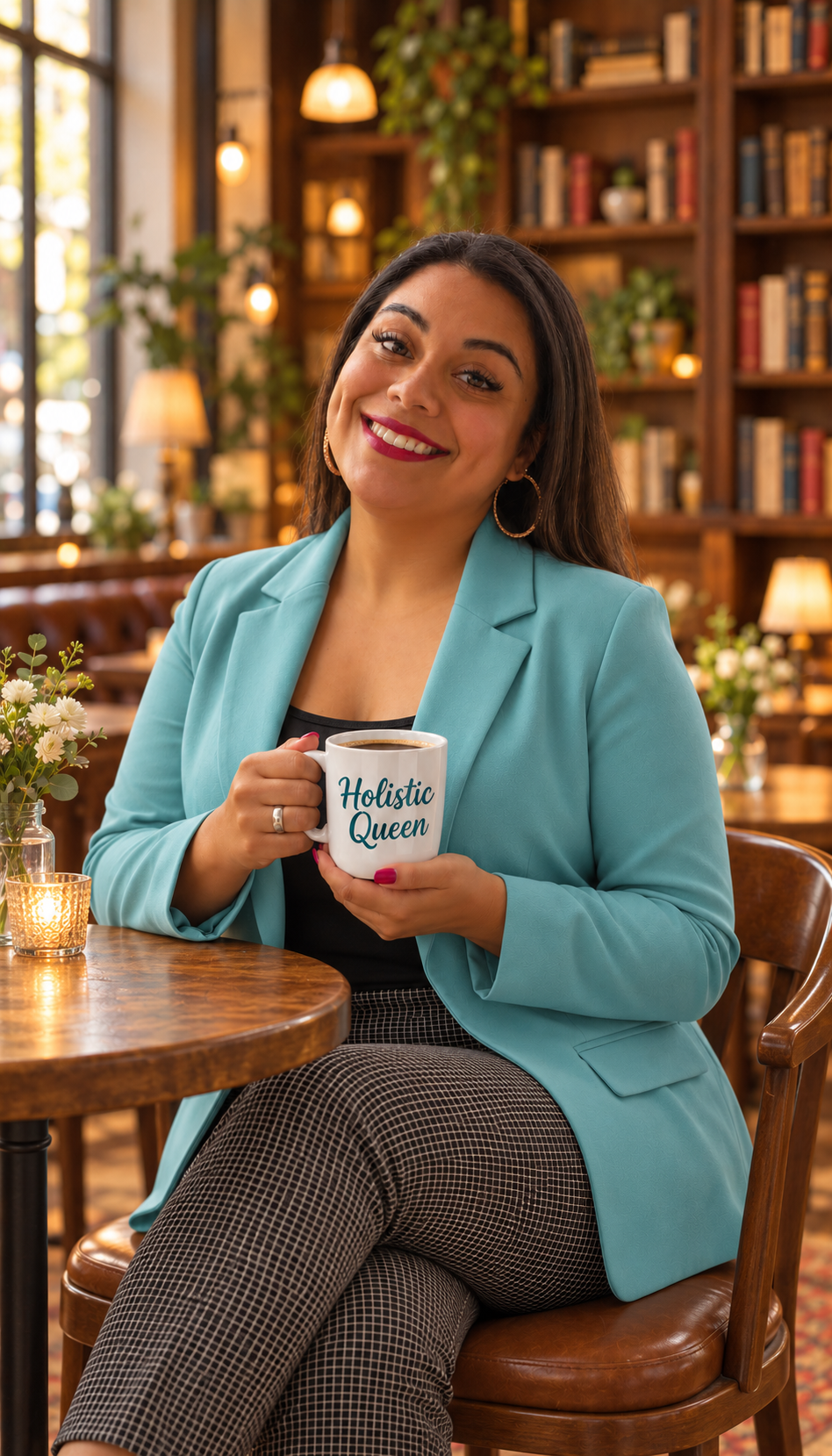 Susana seated at a café table holding a Holistic Queen mug